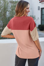 Pink Color Block Ribbed Side Slits Half Sleeve Top