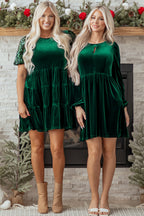 Evergreen Sequin Puff Sleeve High Waist Tiered Velvet Mini Dress