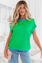 Green Contrast Trim Round Neck Short Sleeve Loose Knit Sweater