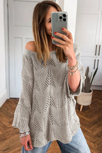 Navy Blue Hollow Out Knit 7/8 Sleeve Casual Sweater