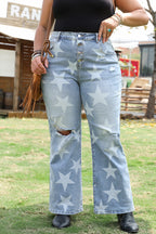 Sky Blue Star Printed Multi Buttons Slit Knee Destroyed Plus Size Jeans