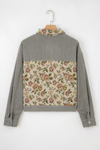 Medium Grey Ribbed Retro Floral Patchwork Shirt Style Jacket