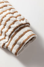 Khaki Stripe Buttoned V Neck Textured Hooded Plus Size Top