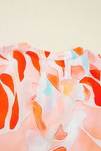 Orange Abstract Print Split Neck Long Sleeve Dress