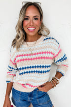 Khaki Stripe Eyelet Patterned Drop Shoulder Sweater