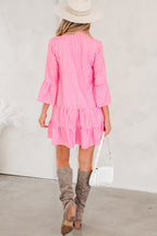Pink Stripe Flare Sleeve Half Placket Tiered Flowy Mini Dress