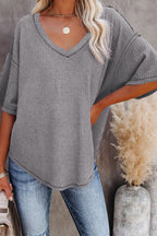 Purple Exposed Seam Half Sleeve Knitted V Neck Textured Top