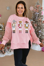Light Pink Sequin Nutcracker Textured Sleeve Patchwork Color Block Sweatshirt