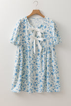 Sky Blue Floral Contrast Bow Puff Sleeve Mini Dress