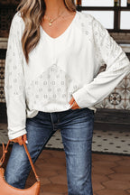 White Twisted Rib Patchwork Embroidered Loose V Neck Long Sleeve Top