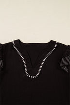 Black Contrast Stitched Detail V Neck Ruffle Long Sleeve Blouse