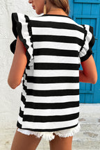 Black Stripe Flutter Sleeve Round Neck T Shirt
