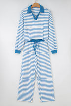 Sky Blue Stripe Collared Pullover Top and Drawstring Pant Set