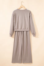 Oatmeal Varsity Striped Detail Crewneck Pullover Elastic Sweatpants 2pcs Outfit