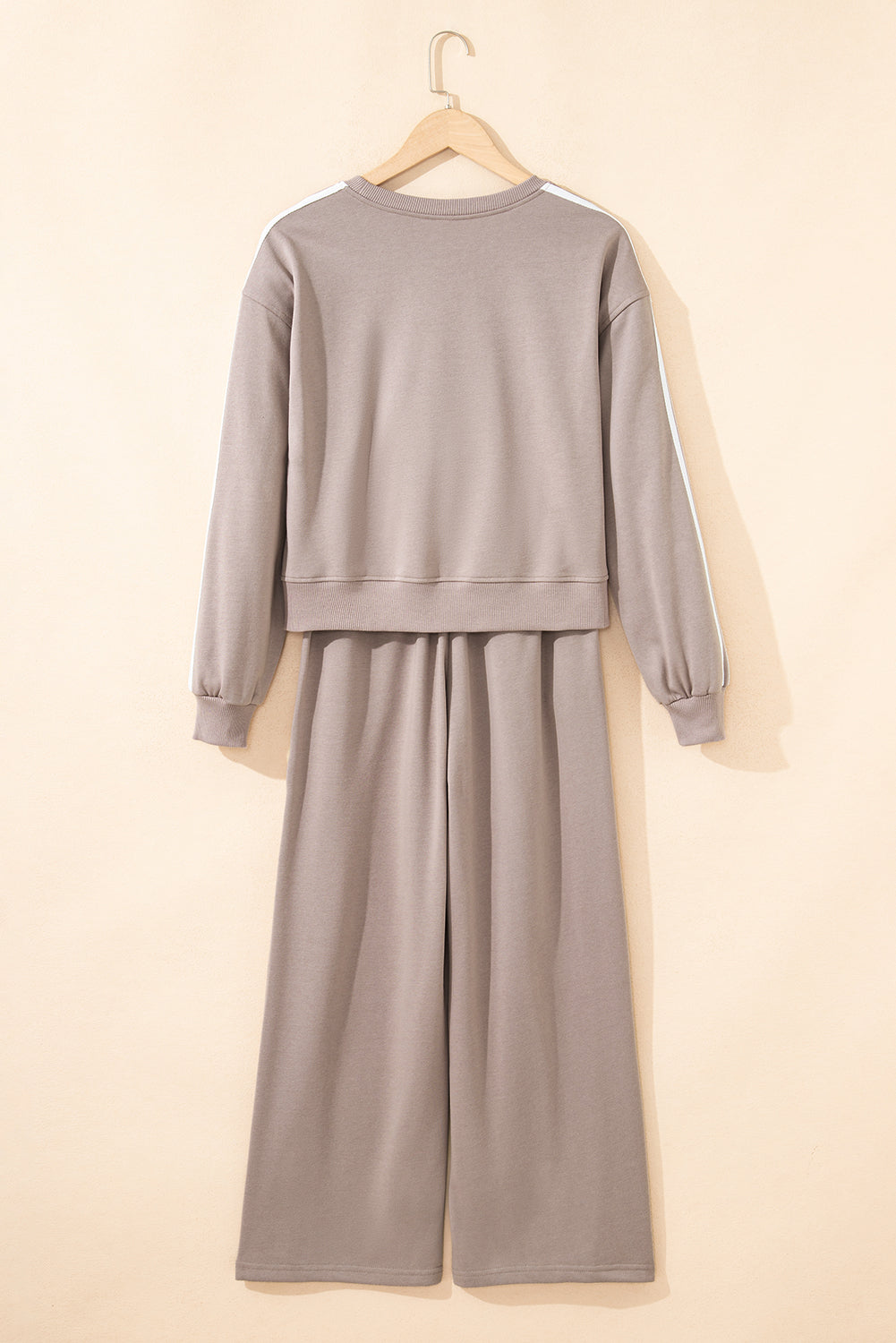 Oatmeal Varsity Striped Detail Crewneck Pullover Elastic Sweatpants 2pcs Outfit