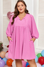 Sachet Pink Plus Size Textured Tie Split Neck Puff Sleeve Flowy Mini Dress