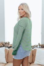 Green Stripe Thermal Knit Drop Shoulder Casual Top