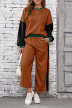 Blackish Green 2pcs Color Block Pullover Loose Pant Set