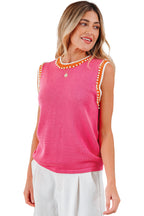 Bright Pink Contrast Trim Pearl Detail Sweater Tank Top