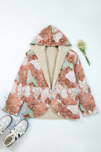 Khaki Vintage Floral Printed Sherpa Lined Hooded Jacket
