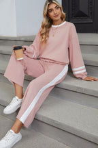 Pink Varsity Stripe Patchwork Puff Sleeve Pullover Drawstring Wide Leg Pant Set