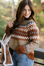 Khaki Aztec Print Colorblock Crew Neck Sweater