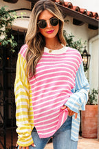 Multicolour Color Block Striped Patchwork Dolman Sleeve Slit Sweater