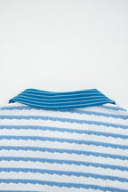 Sky Blue Stripe Collared Pullover Top and Drawstring Pant Set
