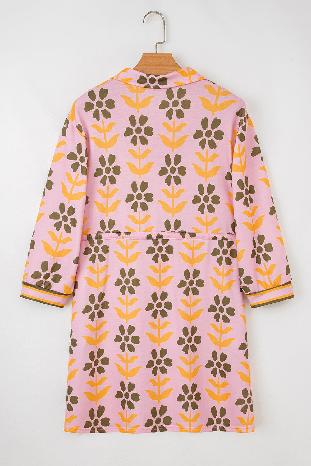 Pink Floral Print Zip Neck Striped Patchwork Long Sleeve Drawstring Dress