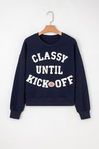 Navy Blue CLASSY UNTIL KICKOFF Plush Letter Patched Loose Sweatshirt