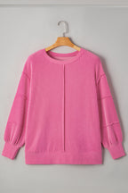 Bonbon Spiral Ribbed Exposed Seam Detail Plus Size Long Sleeve Top