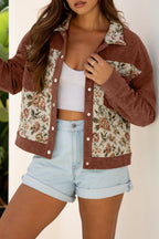 Medium Grey Ribbed Retro Floral Patchwork Shirt Style Jacket