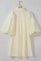 White Floral Textured Bubble Sleeve Frilled Notched Neck Dress