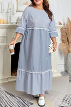 Sky Blue Stripe Crisscross Lace Detail Mixed Striped Patchwork Plus Size Shift Long Dress