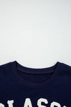 Navy Blue CLASSY UNTIL KICKOFF Plush Letter Patched Loose Sweatshirt