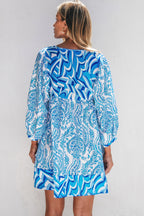 Sky Blue Bohemian Print Puff Sleeve Tied V Neck Flared Mini Dress