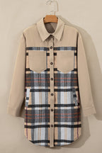 Khaki Plaid Patchwork Long Sleeve Shirt Mini Dress