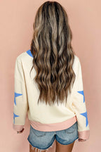 Beige Sequin Rugby Graphic Starry Patched Contrast Trim Game Day Sweatshirt