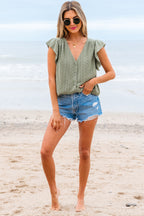 Laurel Green Flutter Sleeve Lace V Neck Shirt