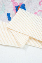 Apricot Abstract Pattern Knit Contrast Striped Trim Short Sleeve Sweater