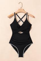 Black Ric Rac Trim Contrasted Patchwork Cutout One Piece Swimsuit