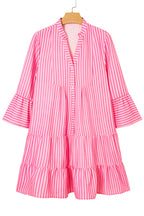 Pink Stripe Flare Sleeve Half Placket Tiered Flowy Mini Dress