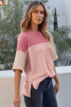 Pink Color Block Ribbed Side Slits Half Sleeve Top