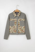 Medium Grey Ribbed Retro Floral Patchwork Shirt Style Jacket