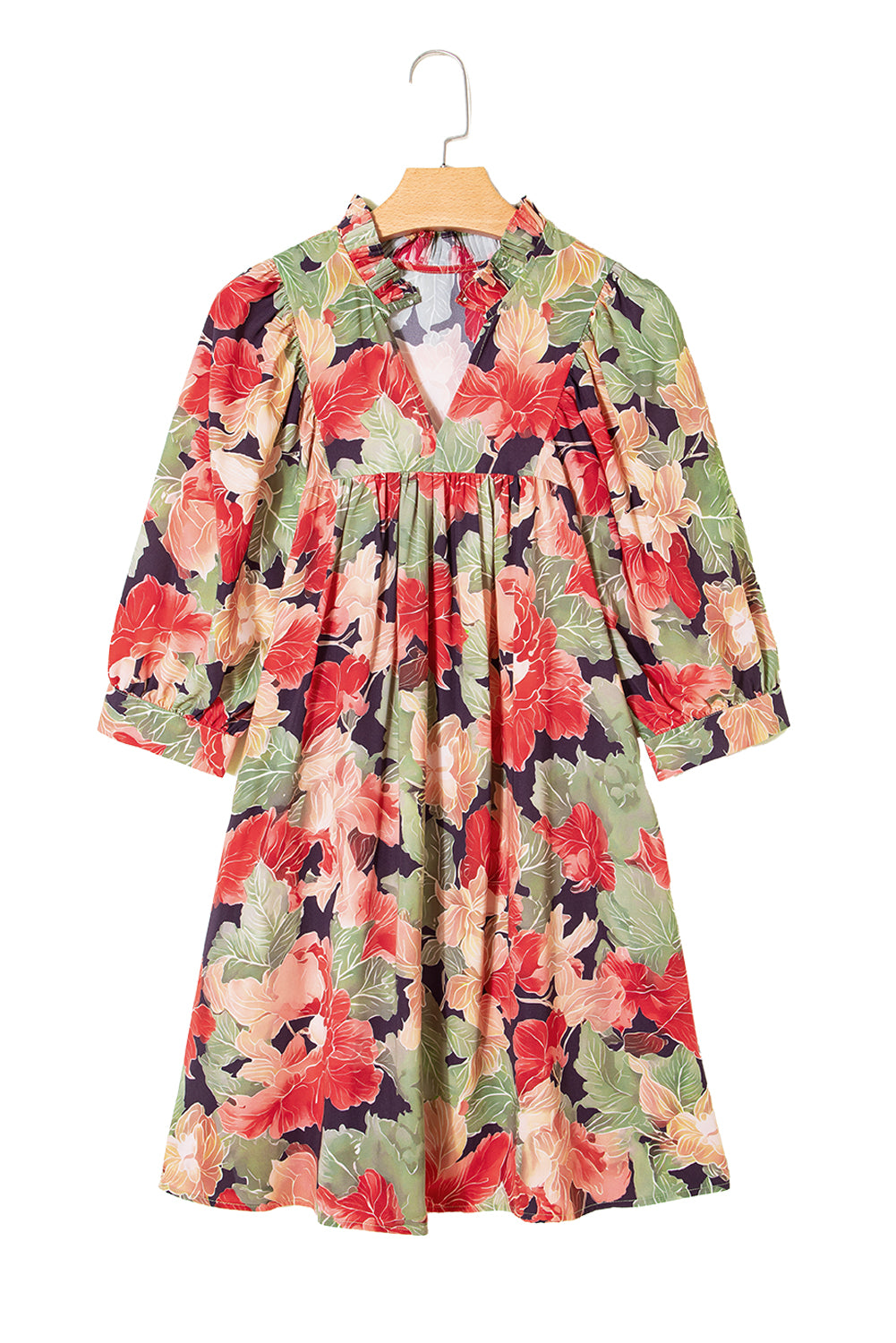 Green Floral Print Frilled Collar V Neck Half Sleeve Mini Dress