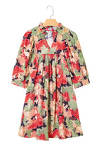 Green Floral Print Frilled Collar V Neck Half Sleeve Mini Dress