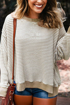Brown Stripe Plus Size Breathable Knit Ribbed Trim Long Sleeve Top