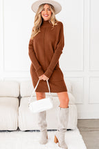 Chestnut Ribbed High Neck Front Pockets Center Seam Shift Sweater Dress