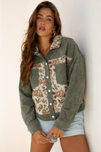 Medium Grey Ribbed Retro Floral Patchwork Shirt Style Jacket