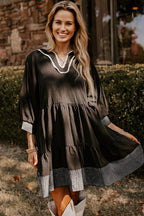 Jungle Green Contrast Stitched V Neck 3/4 Sleeve Tiered Mini Dress